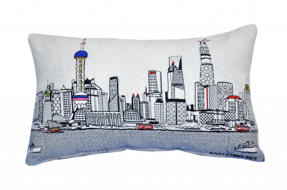 14" X 25" Cream Shanghai Daylight Skyline Lumbar Decorative Pillow