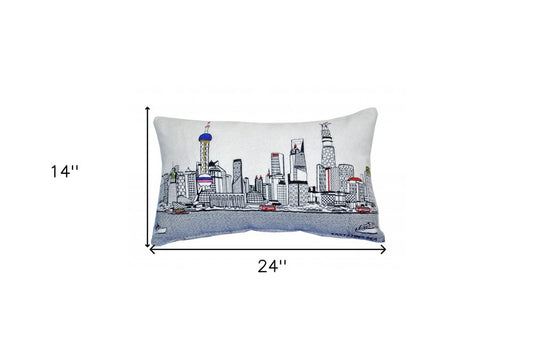 14" X 25" Cream Shanghai Daylight Skyline Lumbar Decorative Pillow