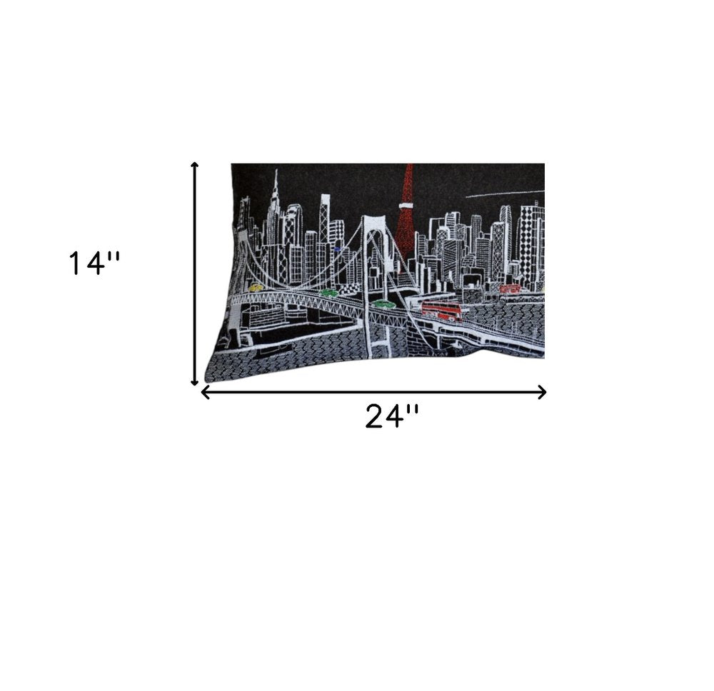 14" X 24" Black Gray and White Hometown Pride Wool Lumbar Throw Pillow