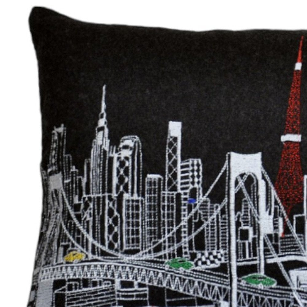 14" X 24" Dark Gray And White Tokyo Nighttime Skyline Lumbar Decorative Pillow