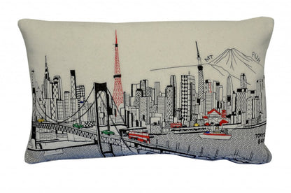14" X 24" Cream Tokyo Daylight Skyline Lumbar Decorative Pillow