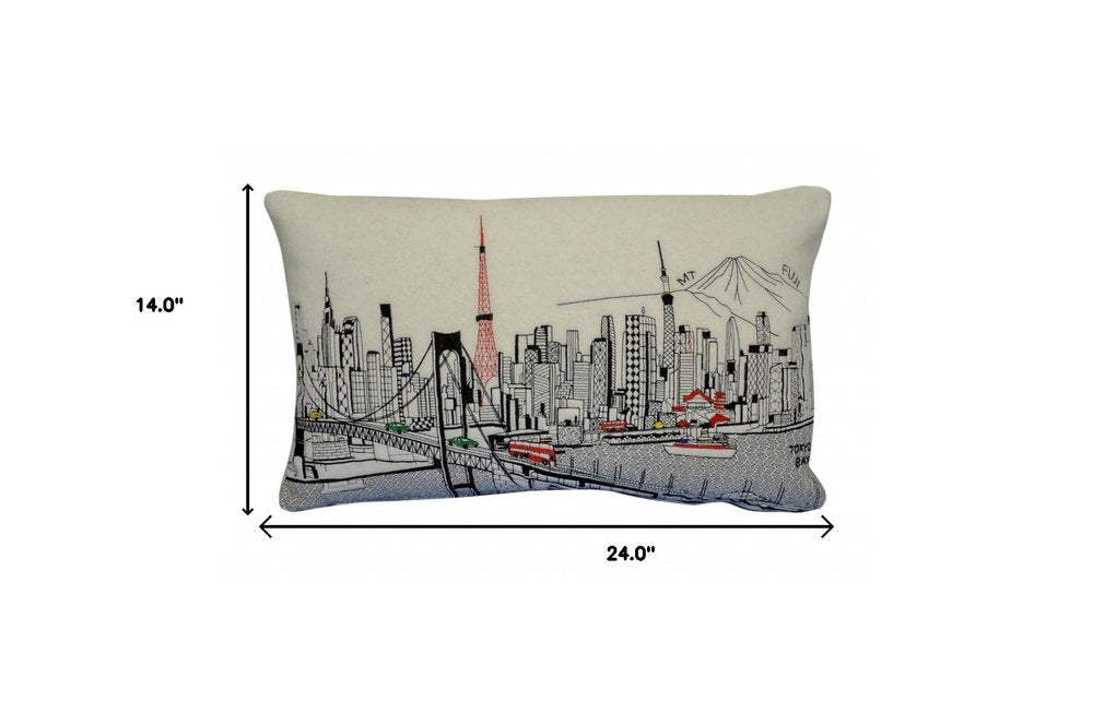 14" X 24" Cream Tokyo Daylight Skyline Lumbar Decorative Pillow