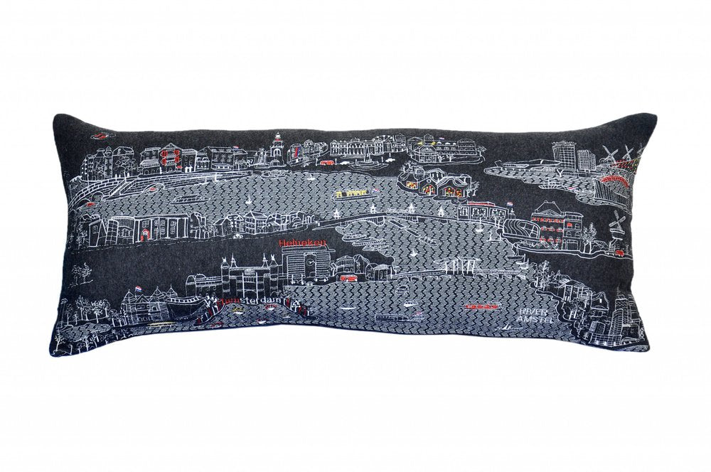 14" X 35" Dark Gray And White Amsterdam Nighttime Skyline Lumbar Decorative Pillow
