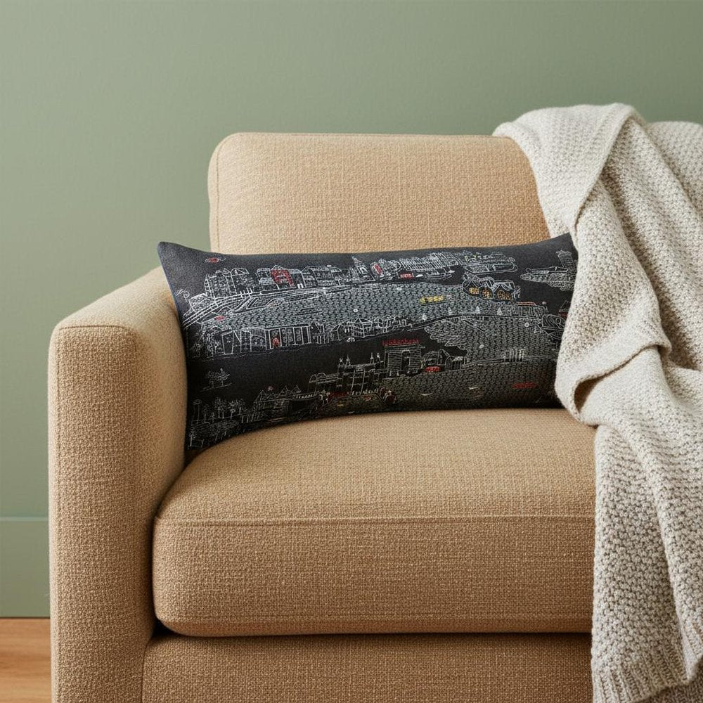14" X 35" Dark Gray And White Amsterdam Nighttime Skyline Lumbar Decorative Pillow