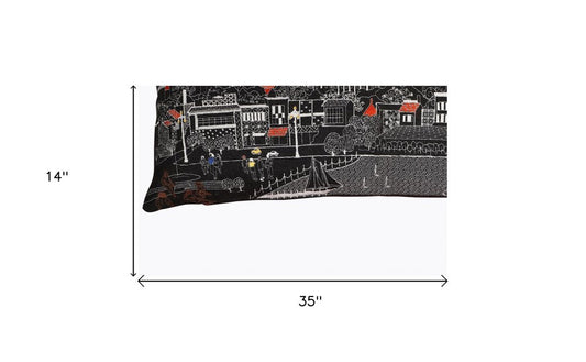 14" X 35" Dark Gray And White Annapolis Nighttime Skyline Lumbar Decorative Pillow