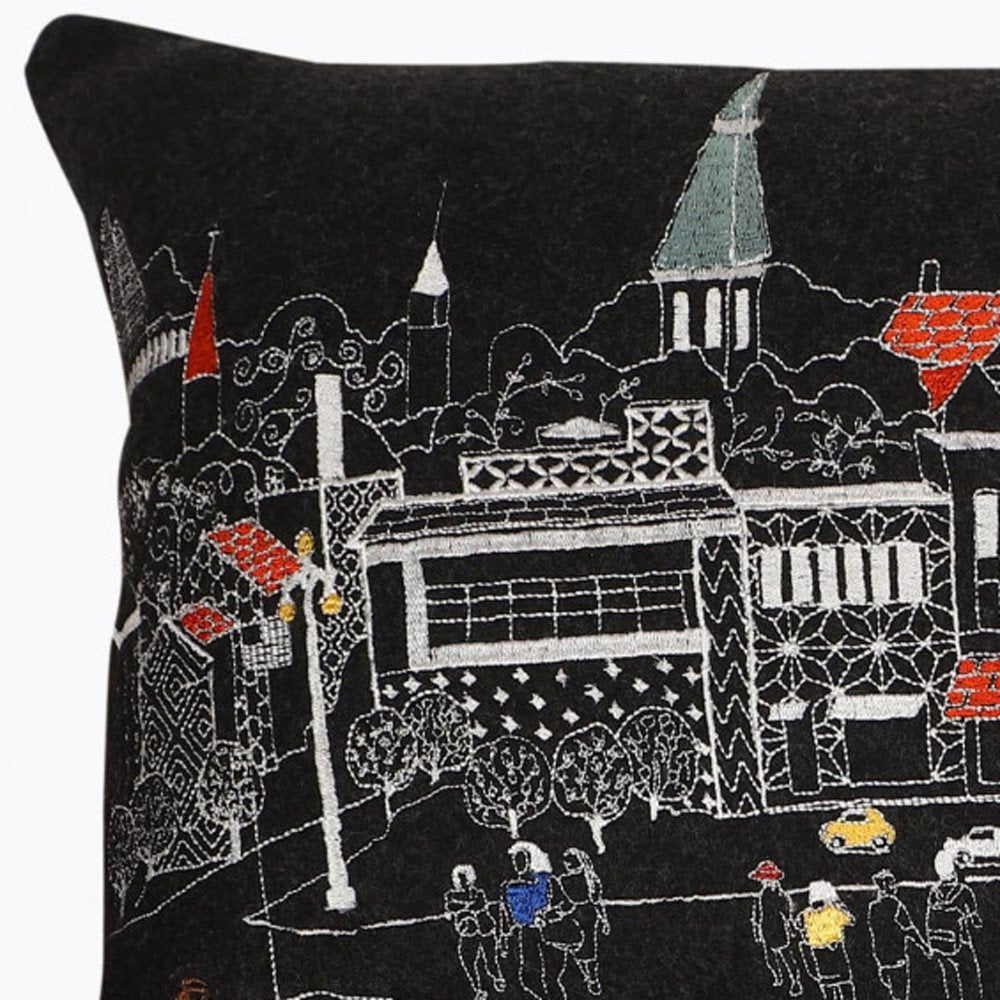 14" X 35" Dark Gray And White Annapolis Nighttime Skyline Lumbar Decorative Pillow