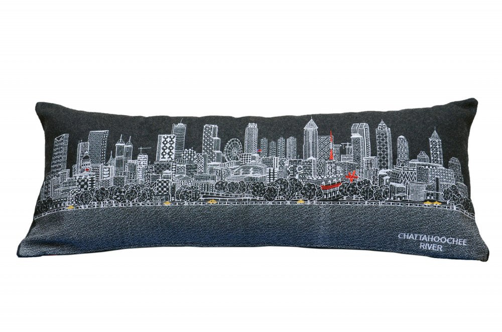 14" X 35" Dark Gray And White Atlanta Nighttime Skyline Lumbar Decorative Pillow