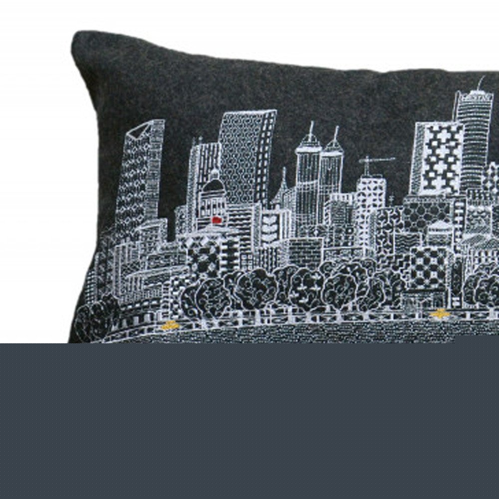 14" X 35" Dark Gray And White Atlanta Nighttime Skyline Lumbar Decorative Pillow