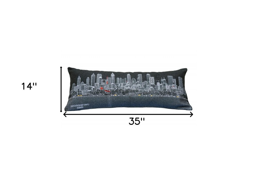 14" X 35" Dark Gray And White Atlanta Nighttime Skyline Lumbar Decorative Pillow