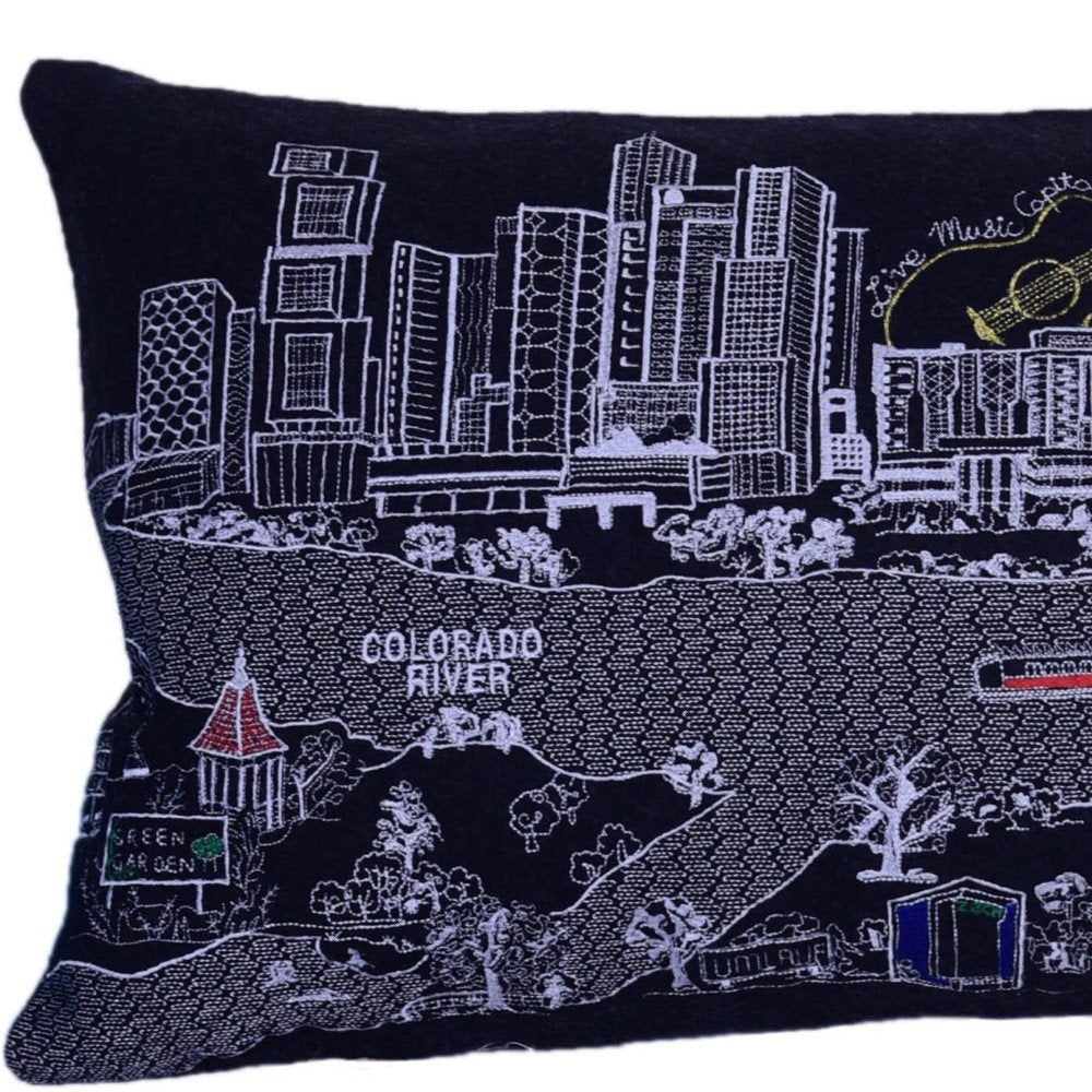 14" X 35" Dark Gray And White Austin Nighttime Skyline Lumbar Decorative Pillow
