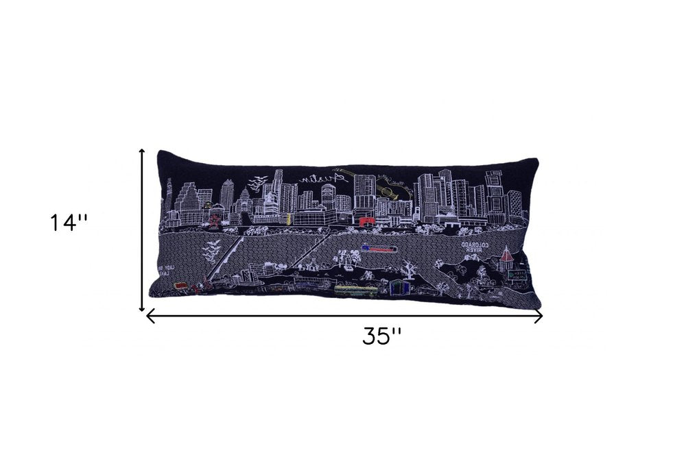 14" X 35" Dark Gray And White Austin Nighttime Skyline Lumbar Decorative Pillow