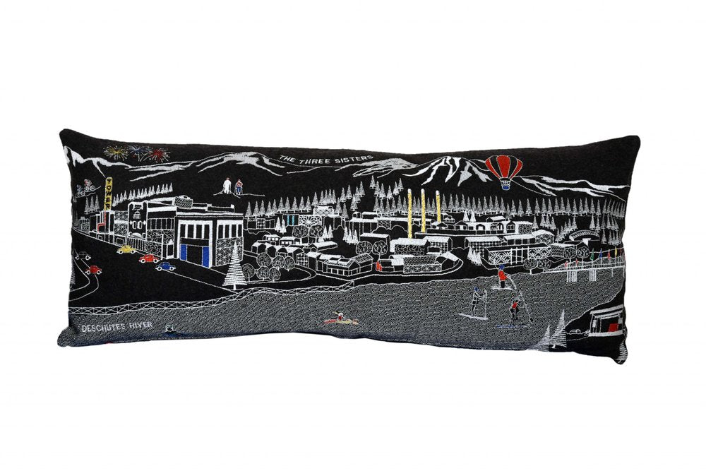 14" X 35" Dark Gray And White Nighttime Skyline Lumbar Decorative Pillow