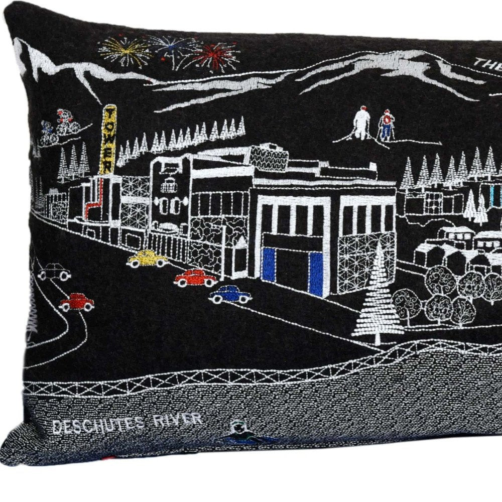 14" X 35" Dark Gray And White Nighttime Skyline Lumbar Decorative Pillow