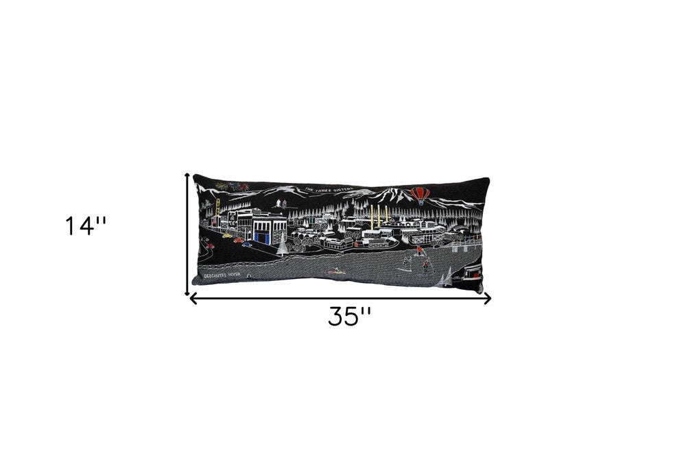 14" X 35" Dark Gray And White Nighttime Skyline Lumbar Decorative Pillow