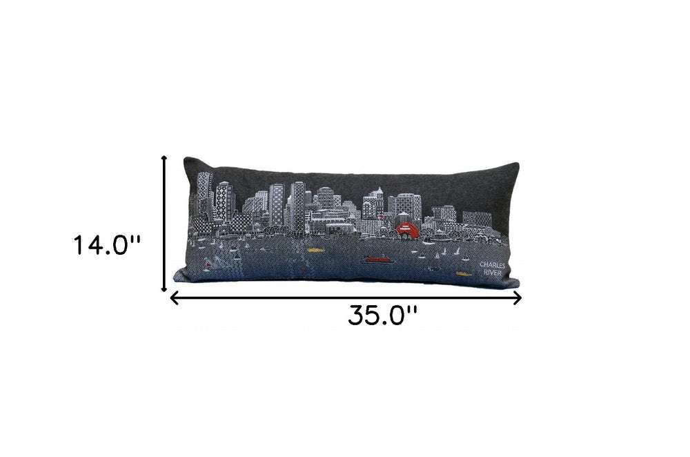 14" X 35" Dark Gray And White Boston Night Skyline Lumbar Decorative Pillow