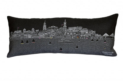 14" X 35" Dark Gray And White Charleston Nighttime Skyline Lumbar Decorative Pillow