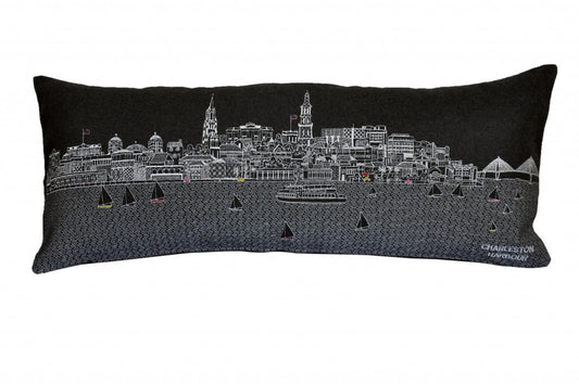 14" X 35" Dark Gray And White Charleston Nighttime Skyline Lumbar Decorative Pillow