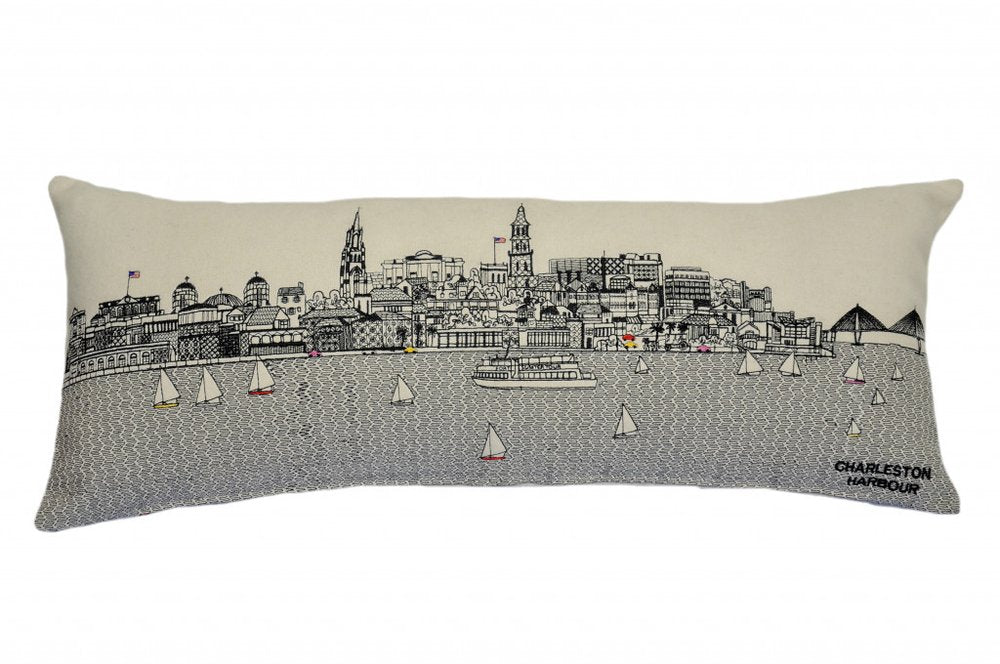 14" X 35" Cream Charleston Daylight Skyline Lumbar Decorative Pillow