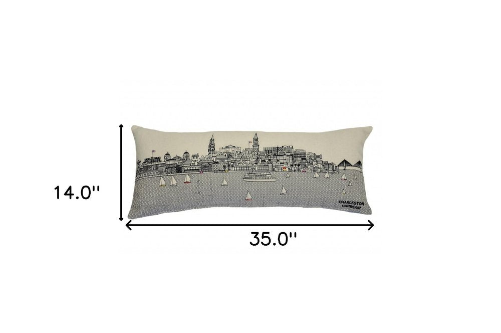 14" X 35" Cream Charleston Daylight Skyline Lumbar Decorative Pillow