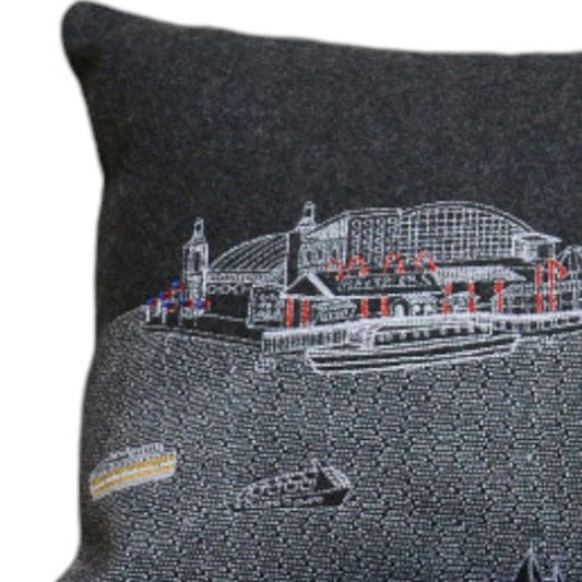 14" X 35" Black Gray and White Hometown Pride Wool Lumbar Throw Pillow