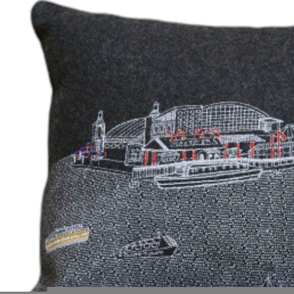14" X 35" Dark Gray And White Chicago Nighttime Skyline Lumbar Decorative Pillow