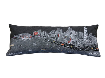 14" X 35" Dark Gray And White Chicago Nighttime Skyline Lumbar Decorative Pillow