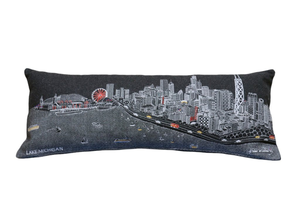 14" X 35" Dark Gray And White Chicago Nighttime Skyline Lumbar Decorative Pillow