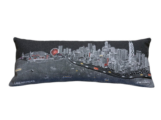 14" X 35" Dark Gray And White Chicago Nighttime Skyline Lumbar Decorative Pillow