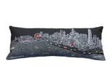14" X 35" Dark Gray And White Chicago Nighttime Skyline Lumbar Decorative Pillow