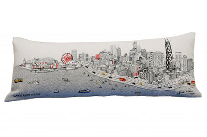 14" X 35" Cream Chicago Daylight Skyline Lumbar Decorative Pillow
