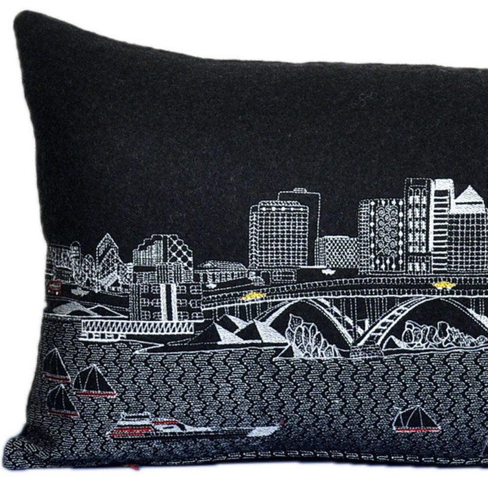 14" X 35" Dark Gray And White Cleveland Nighttime Skyline Lumbar Decorative Pillow