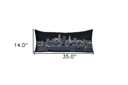 14" X 35" Dark Gray And White Cleveland Nighttime Skyline Lumbar Decorative Pillow