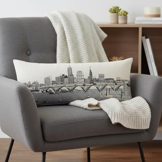 14" X 35" Cream Cleveland Daylight Skyline Lumbar Decorative Pillow