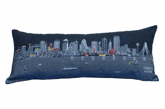 14" X 35" Dark Gray And White Dallas Nighttime Skyline Lumbar Decorative Pillow