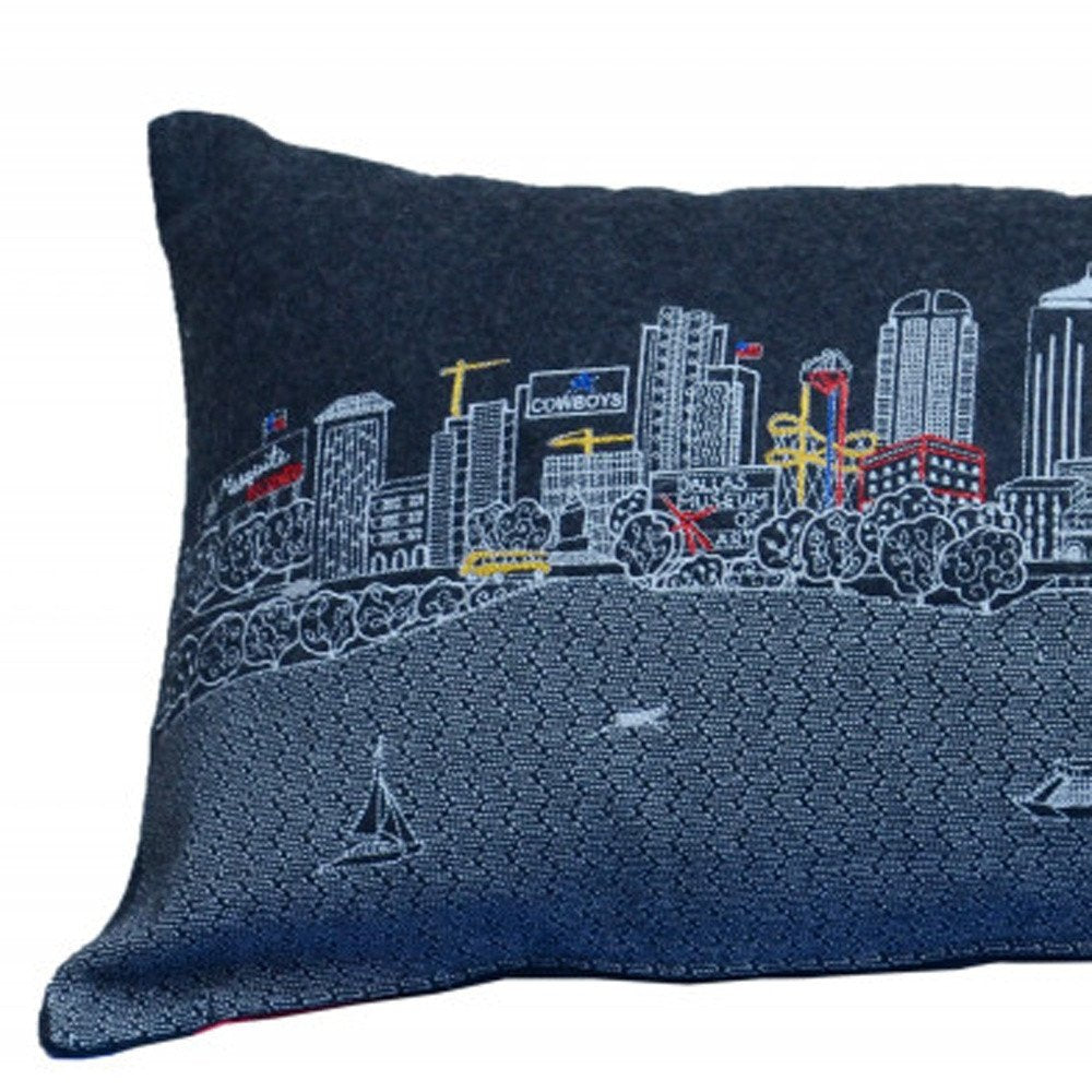 14" X 35" Dark Gray And White Dallas Nighttime Skyline Lumbar Decorative Pillow