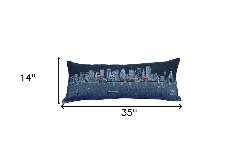 14" X 35" Dark Gray And White Dallas Nighttime Skyline Lumbar Decorative Pillow