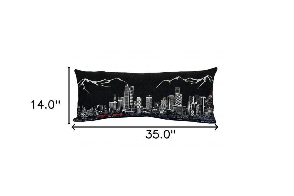 14" X 35" Dark Gray And White Denver Nighttime Skyline Lumbar Decorative Pillow