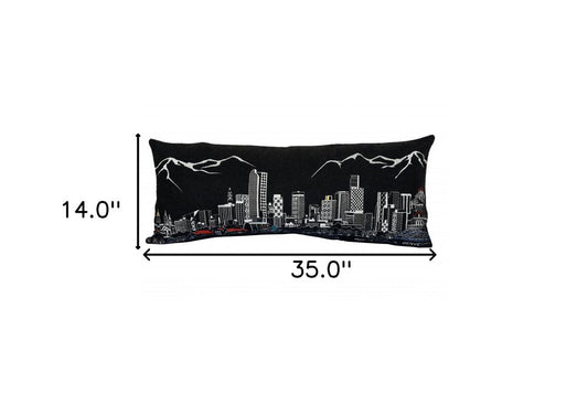 14" X 35" Dark Gray And White Denver Nighttime Skyline Lumbar Decorative Pillow