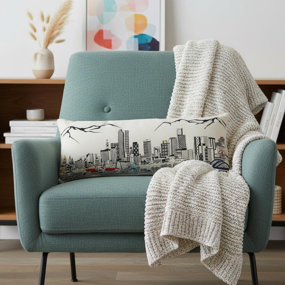 14" X 35" Cream Denver Daylight Skyline Lumbar Decorative Pillow
