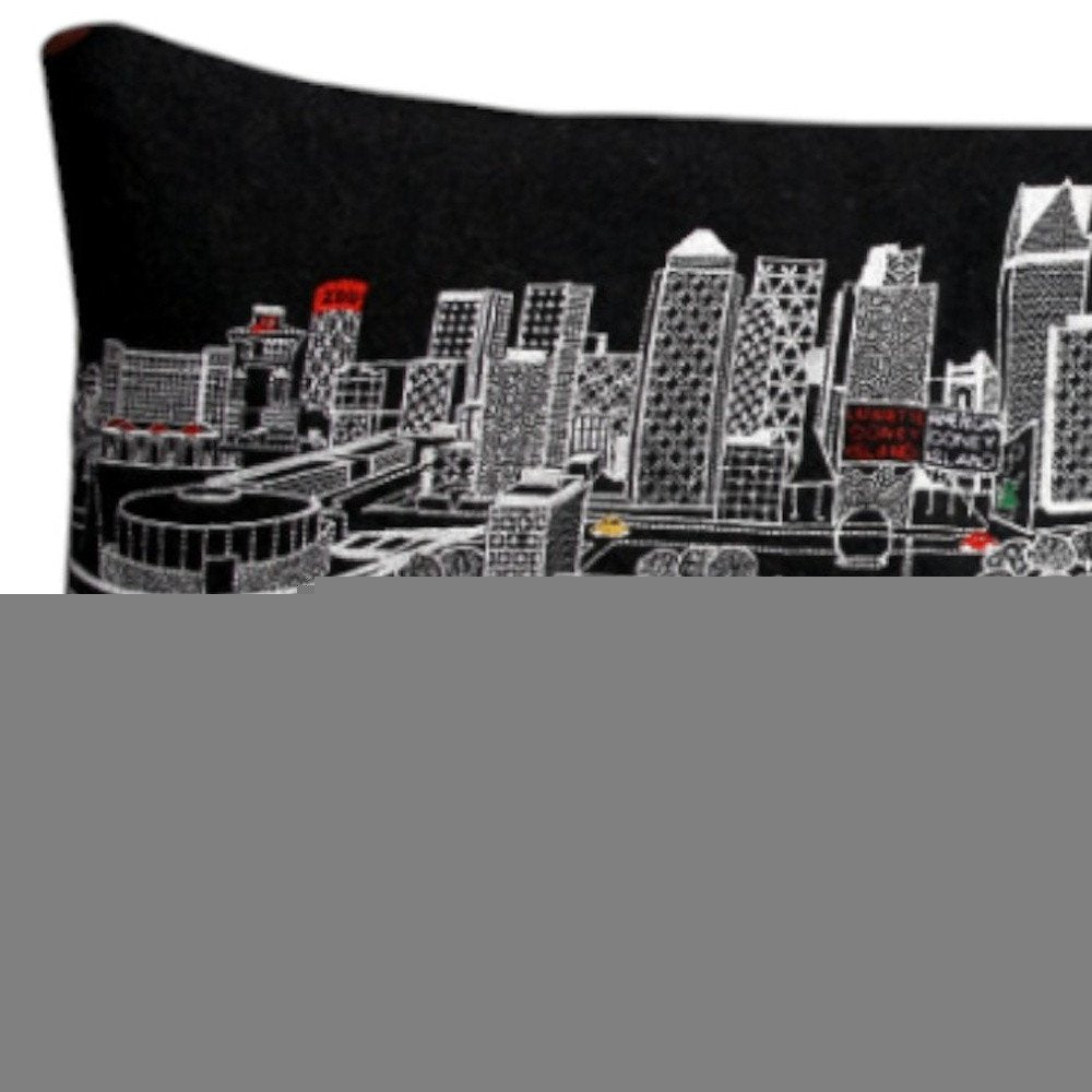 14" X 35" Dark Gray And White Detroit Nighttime Skyline Lumbar Decorative Pillow