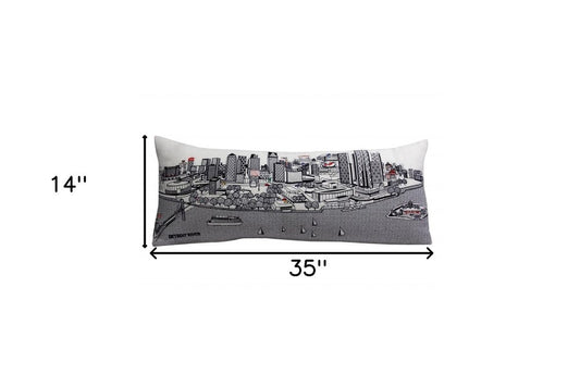 14" X 35" Cream Detroit Daylight Skyline Lumbar Decorative Pillow