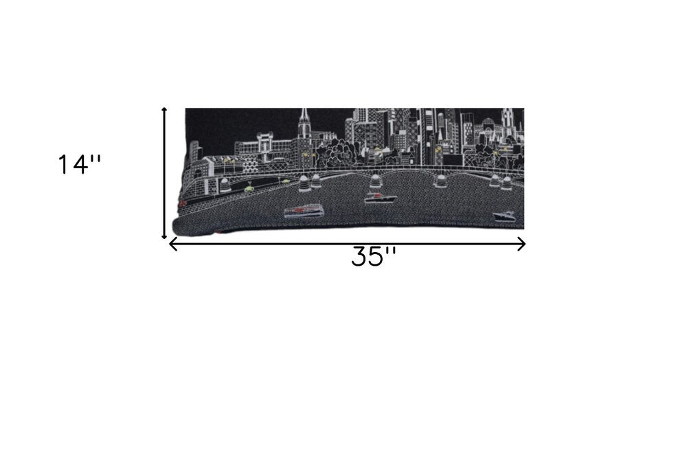 14" X 35" Dark Gray And White Frankfurt Nighttime Skyline Lumbar Decorative Pillow