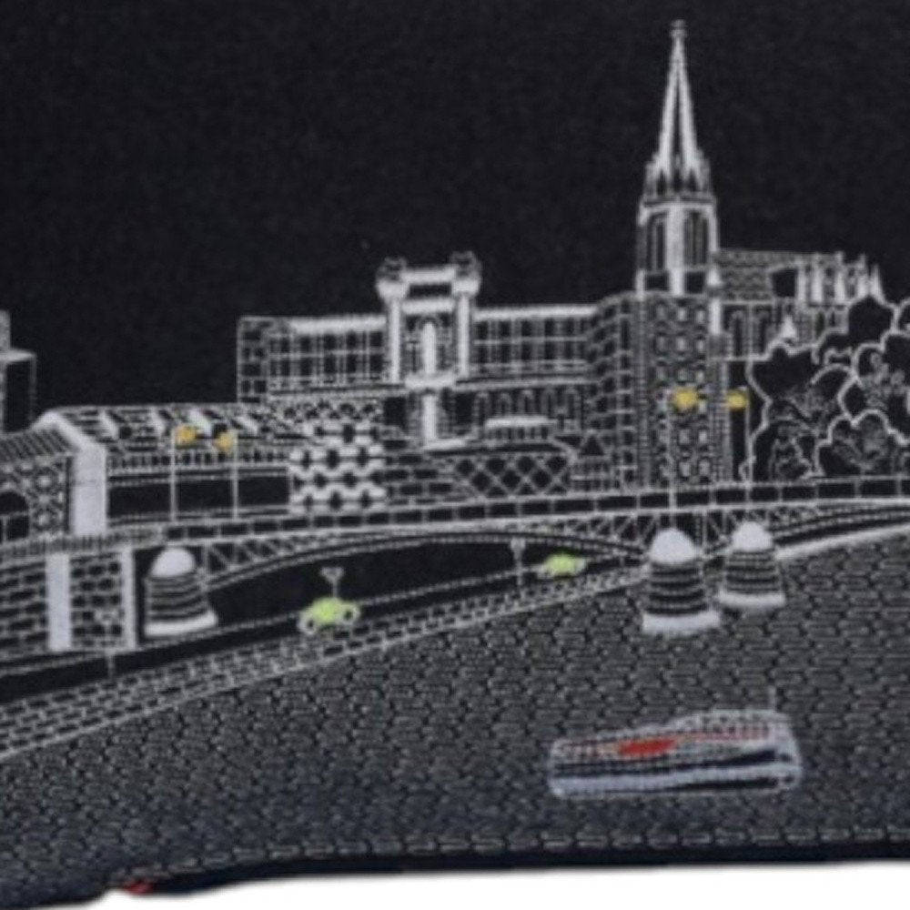 14" X 35" Dark Gray And White Frankfurt Nighttime Skyline Lumbar Decorative Pillow