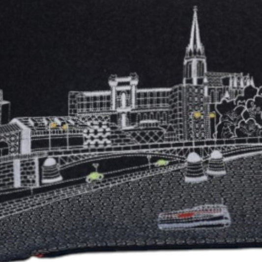 14" X 35" Dark Gray And White Frankfurt Nighttime Skyline Lumbar Decorative Pillow