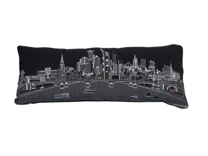 14" X 35" Dark Gray And White Frankfurt Nighttime Skyline Lumbar Decorative Pillow