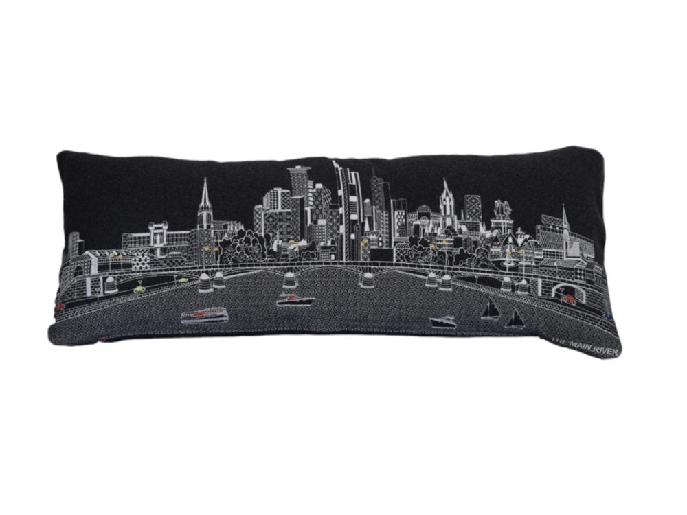 14" X 35" Dark Gray And White Frankfurt Nighttime Skyline Lumbar Decorative Pillow