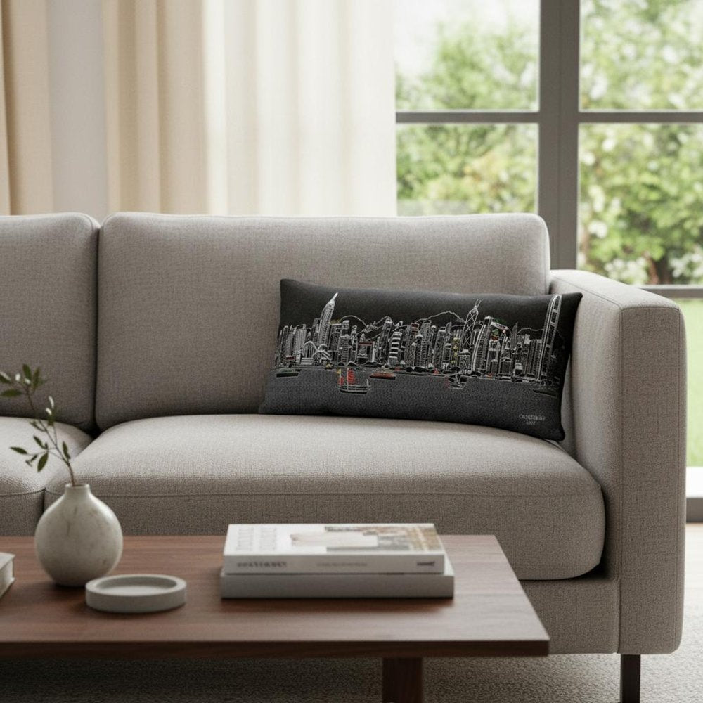 14" X 35" Dark Gray And White Hong Kong Nighttime Skyline Lumbar Decorative Pillow