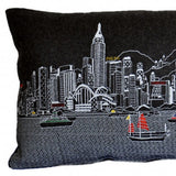 14" X 35" Dark Gray And White Hong Kong Nighttime Skyline Lumbar Decorative Pillow