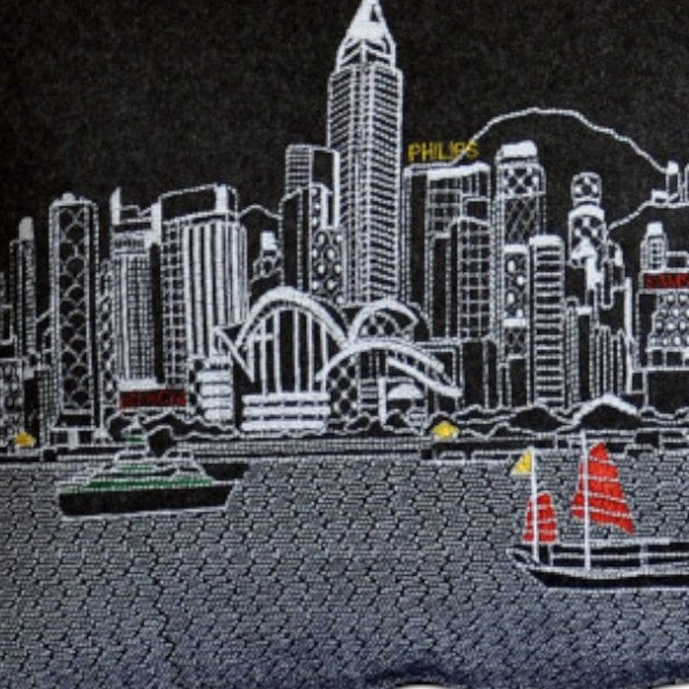 14" X 35" Dark Gray And White Hong Kong Nighttime Skyline Lumbar Decorative Pillow