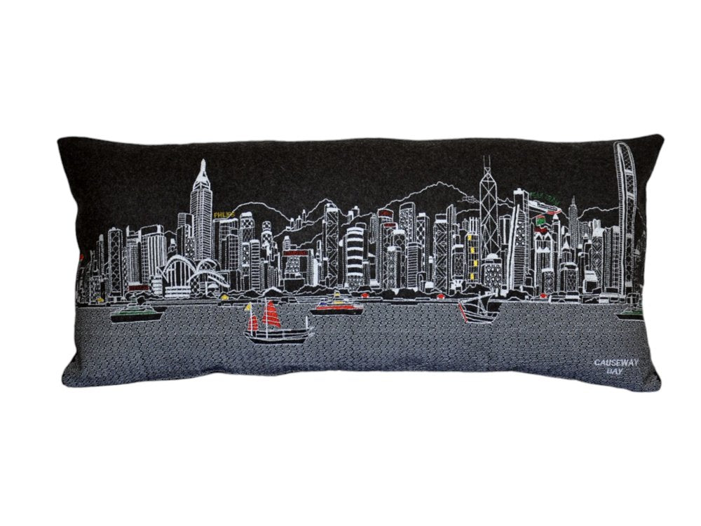 14" X 35" Dark Gray And White Hong Kong Nighttime Skyline Lumbar Decorative Pillow